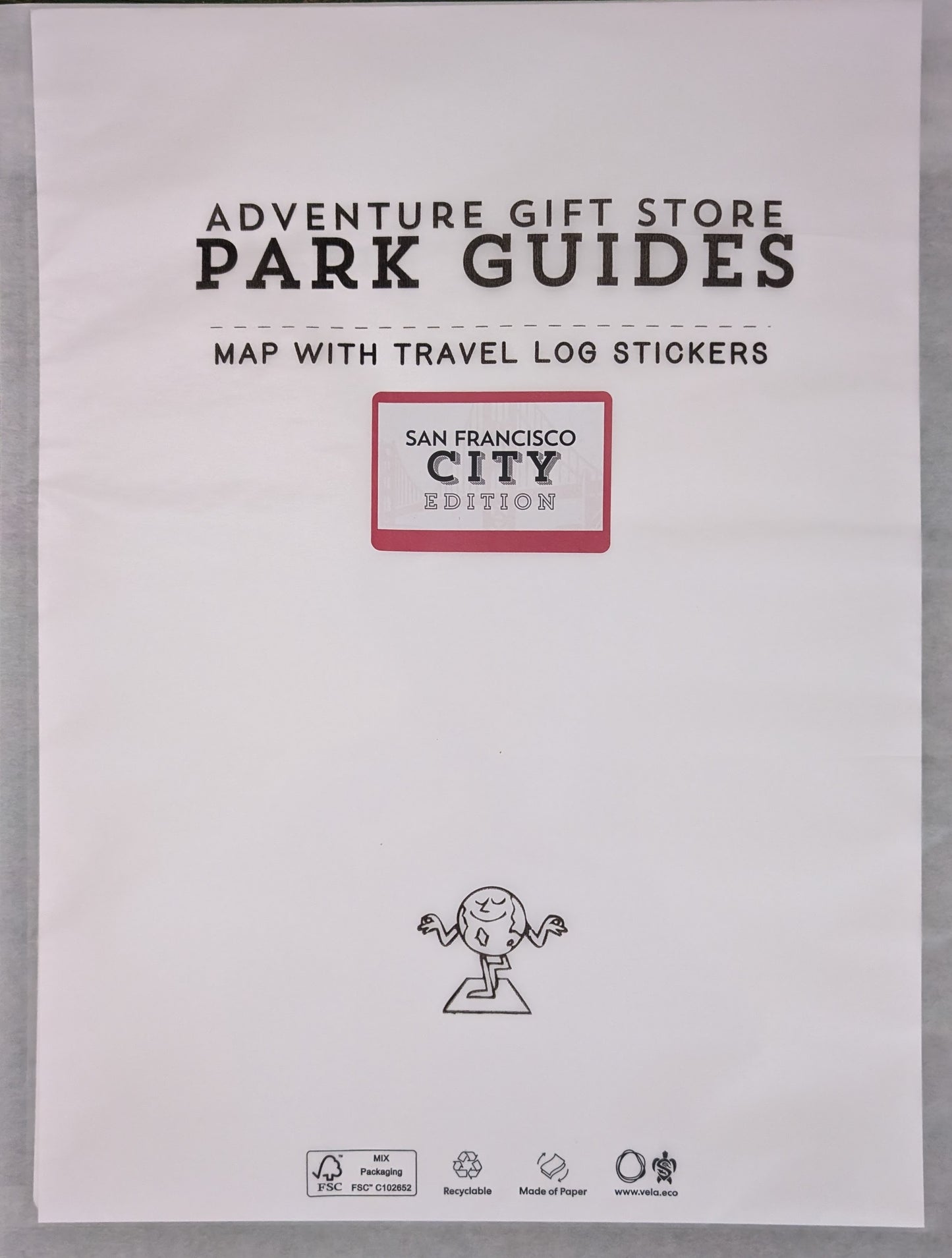 San Francisco City Park Guide Packaging in glassine paper bag with algae ink for lowest impact "Map with travel log stickers"