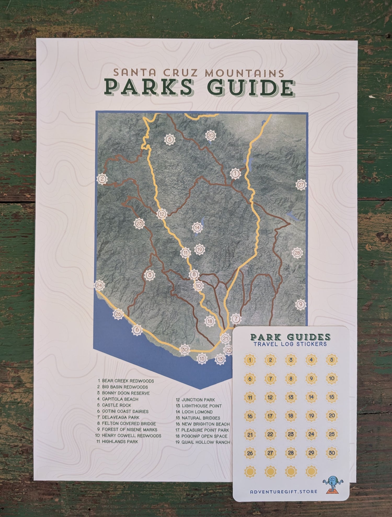 Santa Cruz Mountains Park Guide map checklist print with travel log sticker sheet