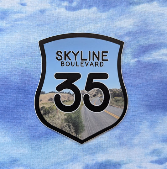 Highway 35 Skyline Boulevard badge sticker with black border and photo of sunny portion of California 35