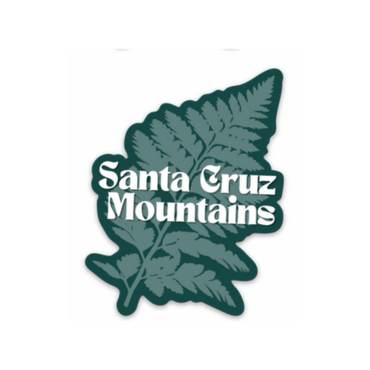 Green Fern shaped sticker with white Santa Cruz Mountains text