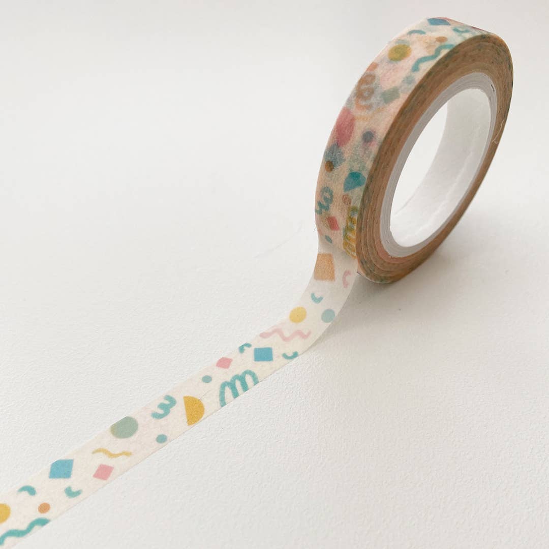 Close up of thin washi tape with pastel shapes and squiggles design