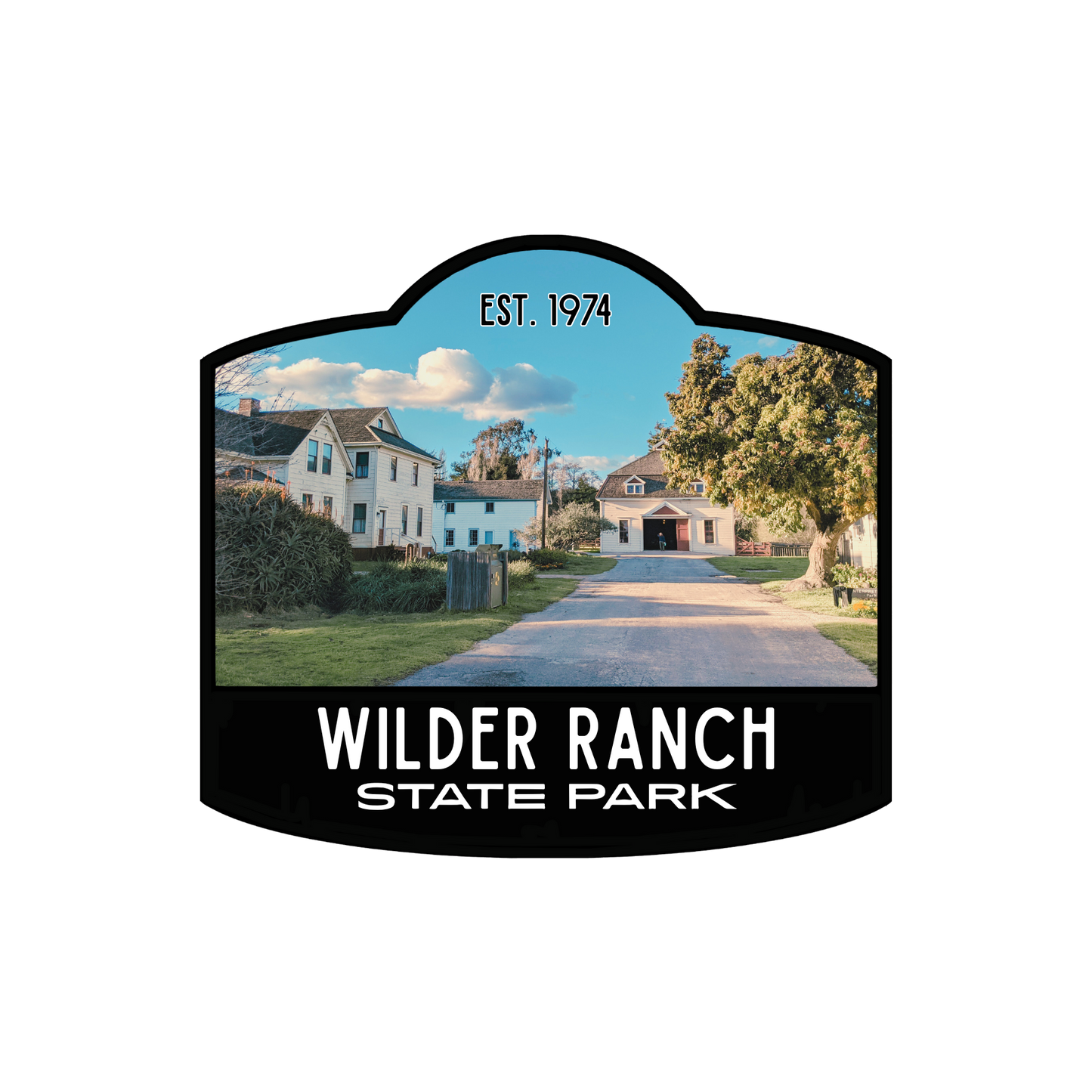 Wilder Ranch State Park sticker with black border and photo of the coastal bluffs in the background