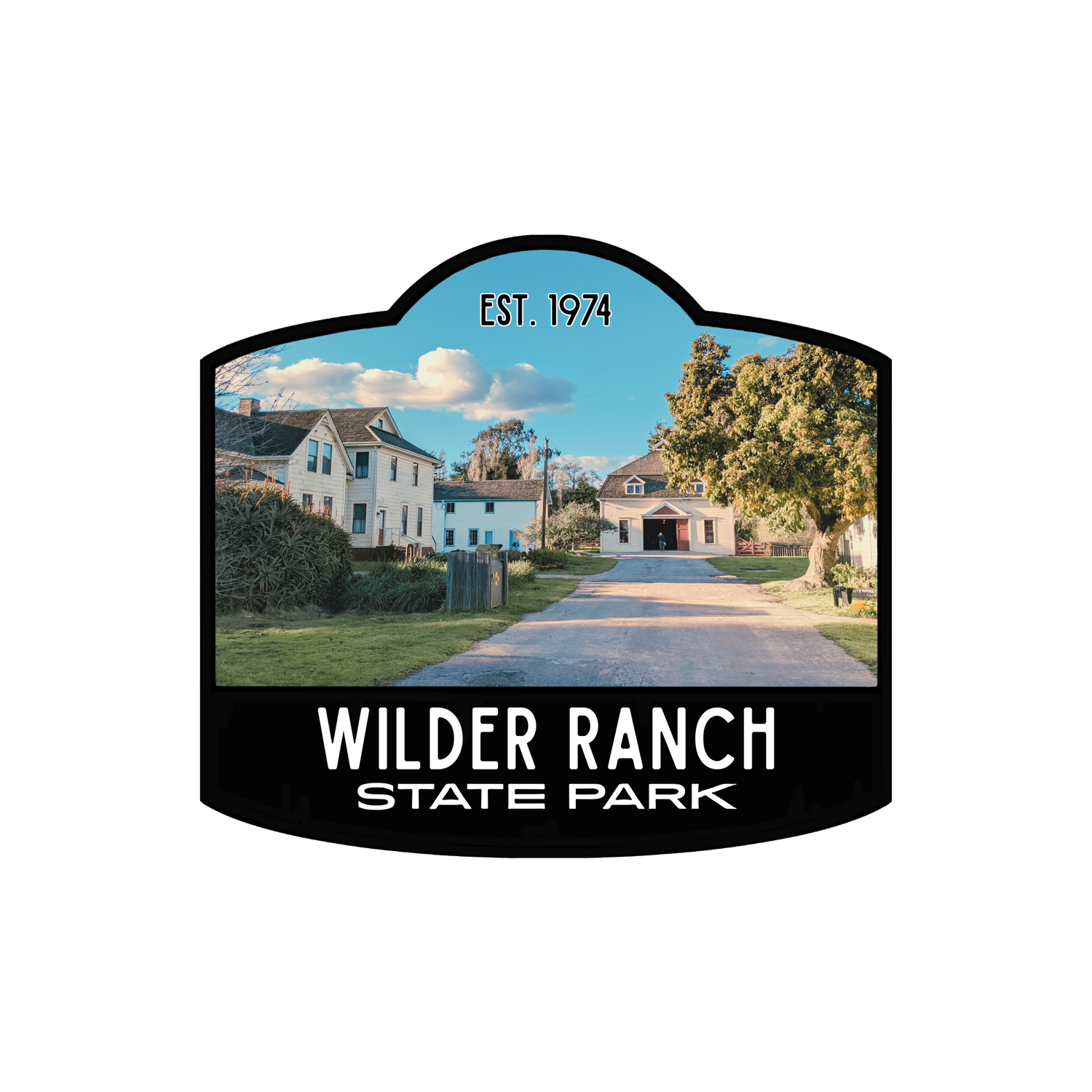 Wilder Ranch State Park sticker with black border and photo of the coastal bluffs in the background