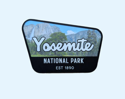 black bordered sticker represents Yosemite National Park in California with paper background