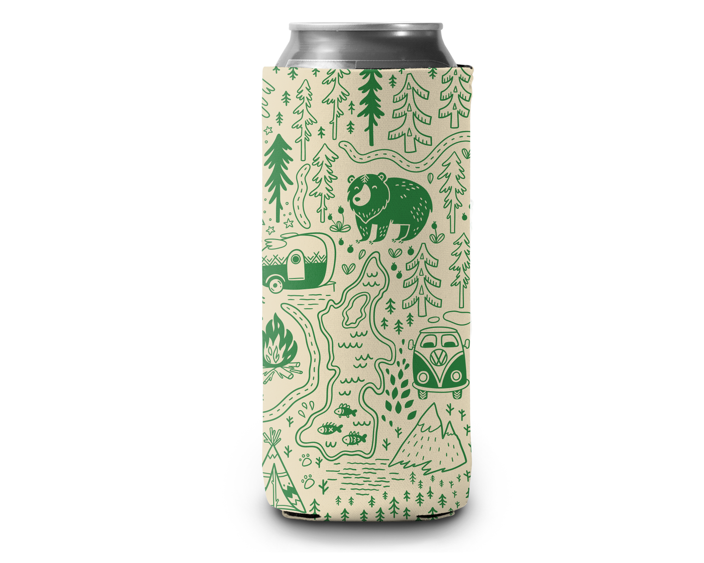 Slim Can Cooler by Skumps with white background and green outdoors, travel, camping design
