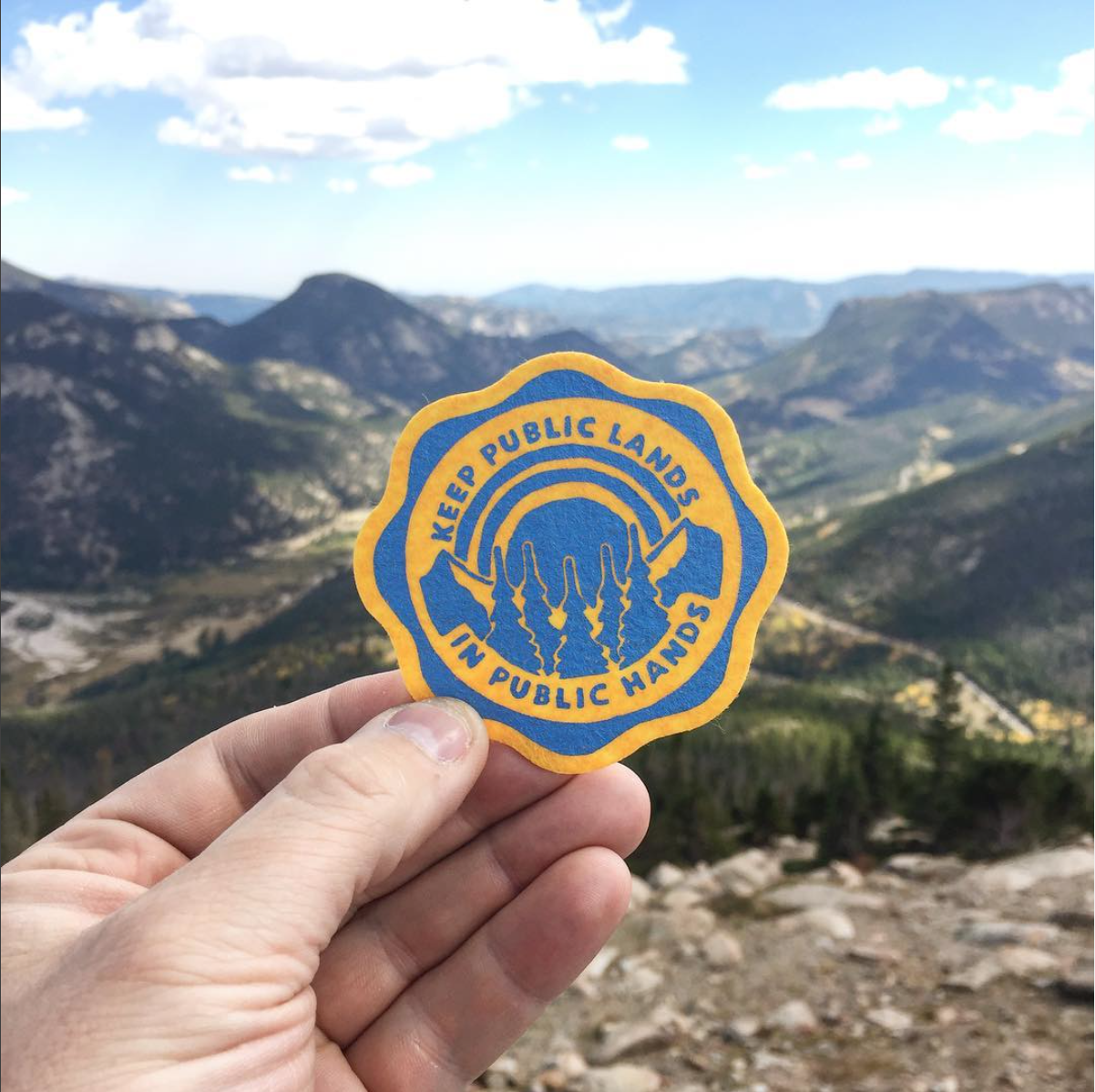 Keep Public Lands in Public Hands blue and yellow felt patch by Atomic Child