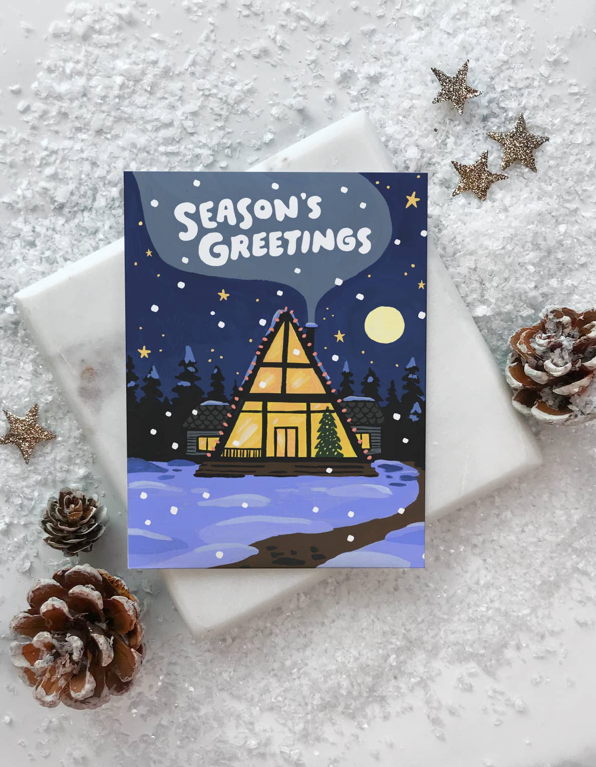 Season's Greetings A-Frame Snowy cabin holiday greeting card