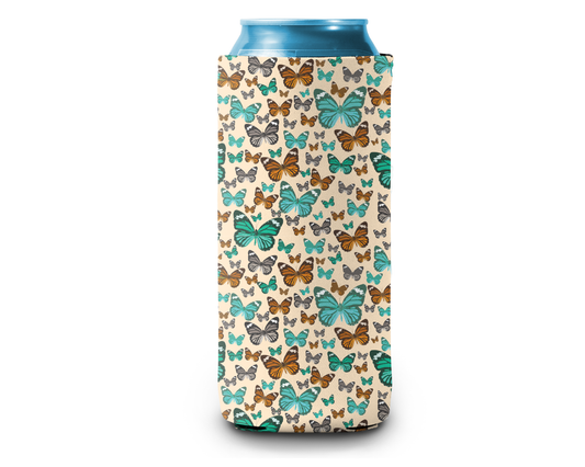 Slim Can Cooler by Skumps with butterflies and light pink background