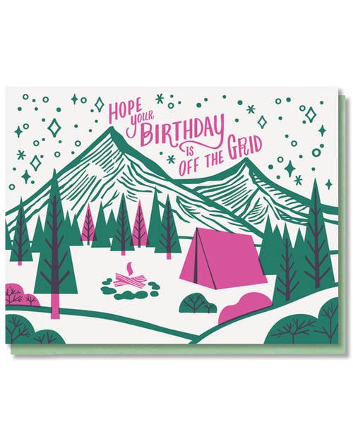 Hope your birthday is off the grid mountain camping scene card
