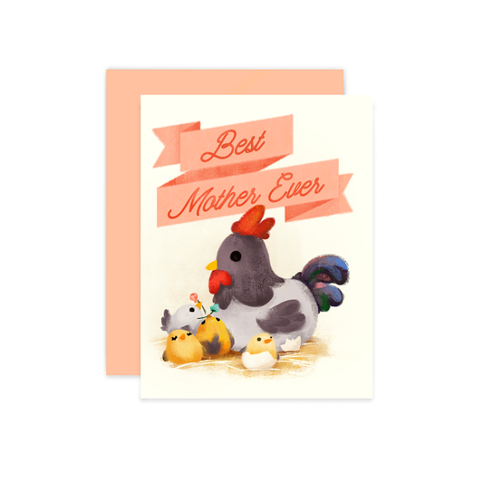 Best Mother Ever card with hen and chicks design and pink envelope by Little Red House