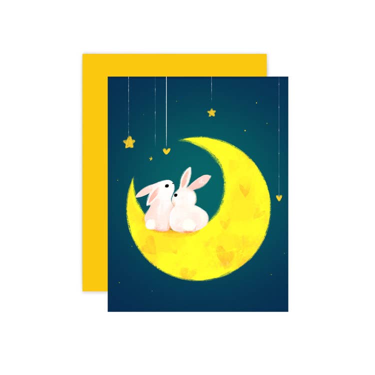 Bunnies moon card with yellow envelope, by Little Red House