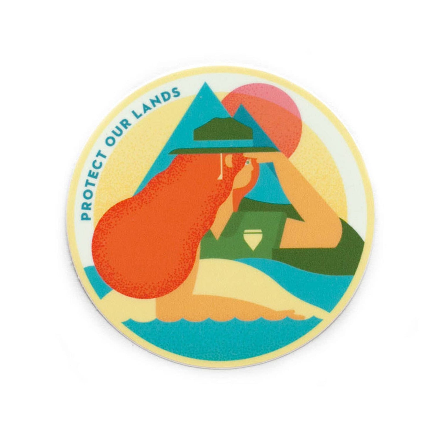 Round Lady Ranger sticker that reads "Protect our Lands" by Ello There