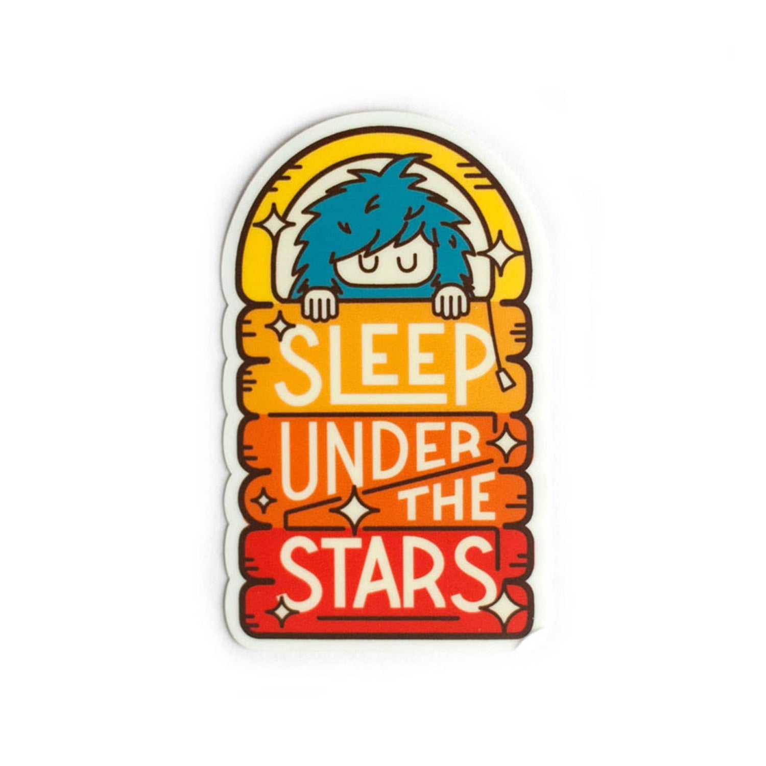 Sasquatch in a sleeping bag sticker that reads "Sleep under the stars" by Ello There