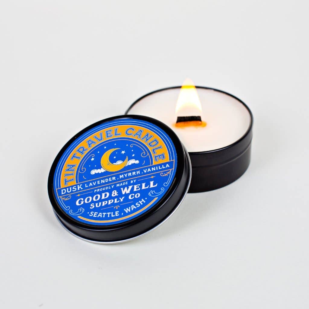 Tin Travel Candle Dusk Lavender vanilla from Good & Well supply co