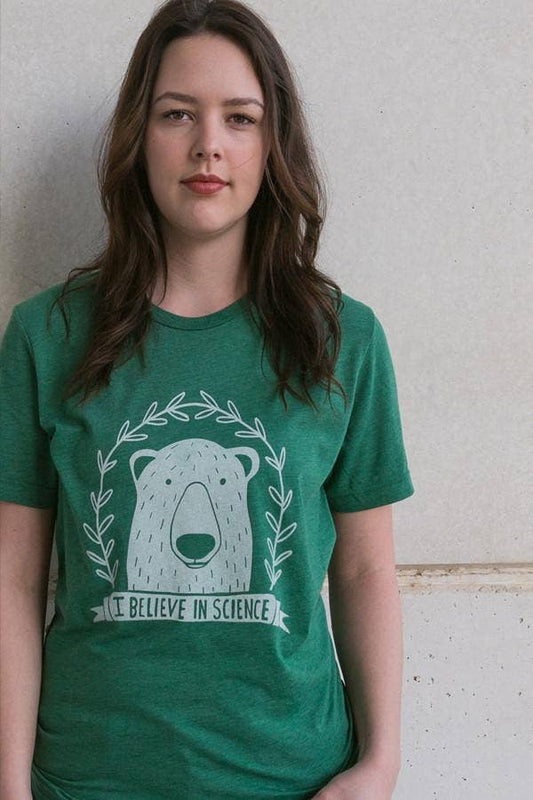 I believe in science polar bear green shirt