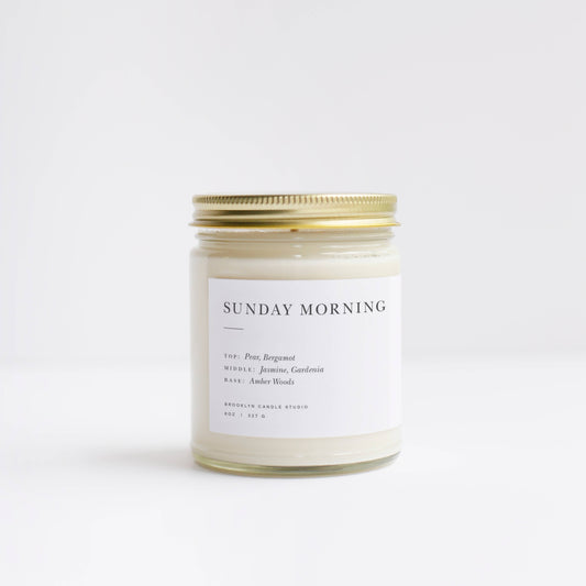 Sunday Morning Minimalist candle in glass jar with metal lid by Brooklyn Candle Studio