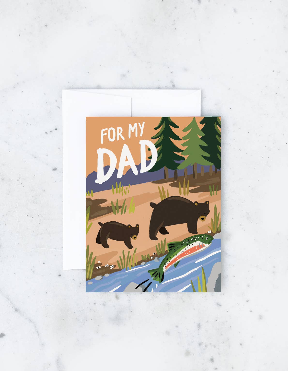 Nature scene greeting card with bears, salmon and river that reads For My Dad by Idlewild