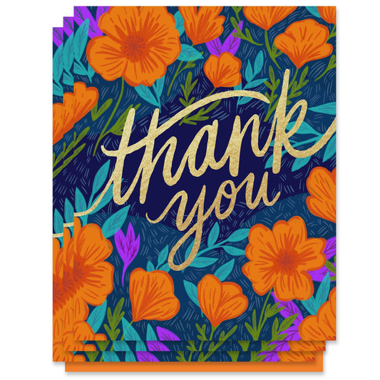 Thank You gold foil Poppies card box set of 6