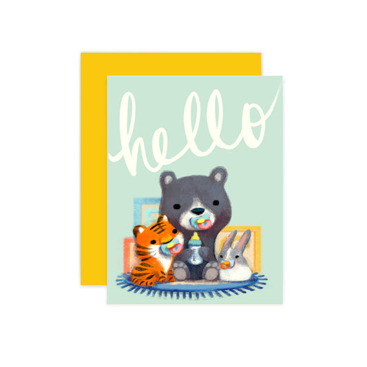 Hello baby animals card with yellow envelope, by Little Red House