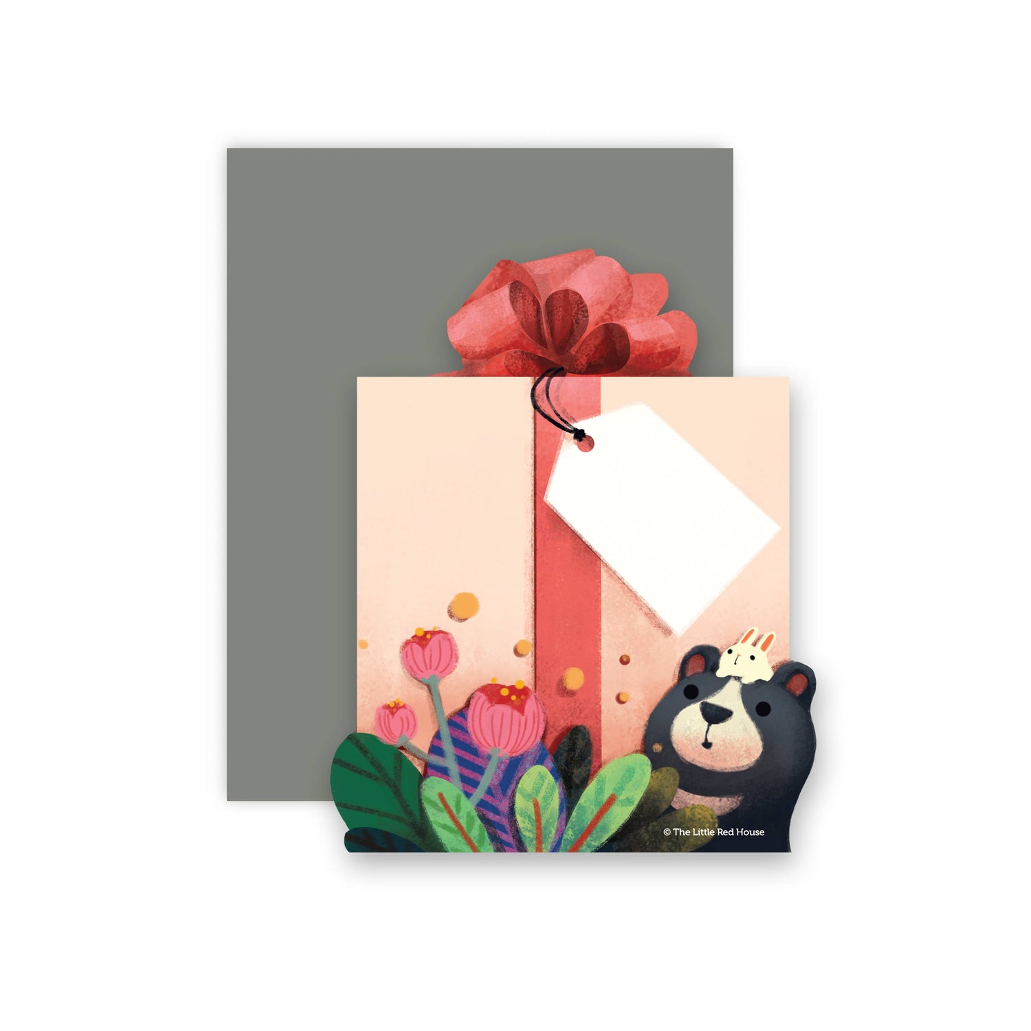 Bear, bunny and gift die cut card with gray envelope, by Little Red House