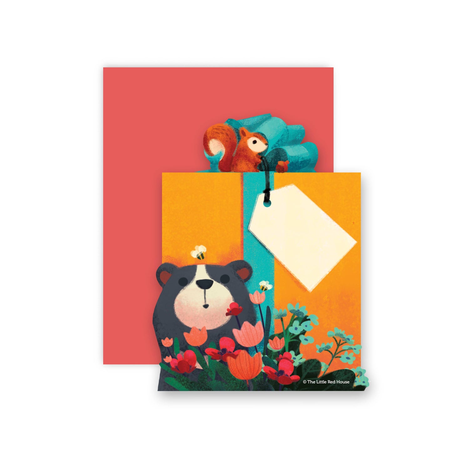 Bear, squirrel gift die cut card with red envelope, by Little Red House
