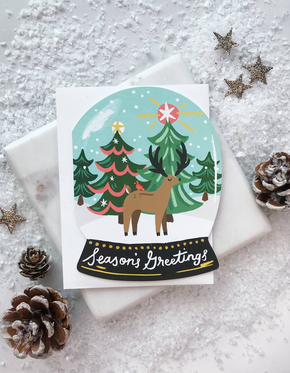 Snow Globe with reindeer Season's Greetings holiday card by Idlewild
