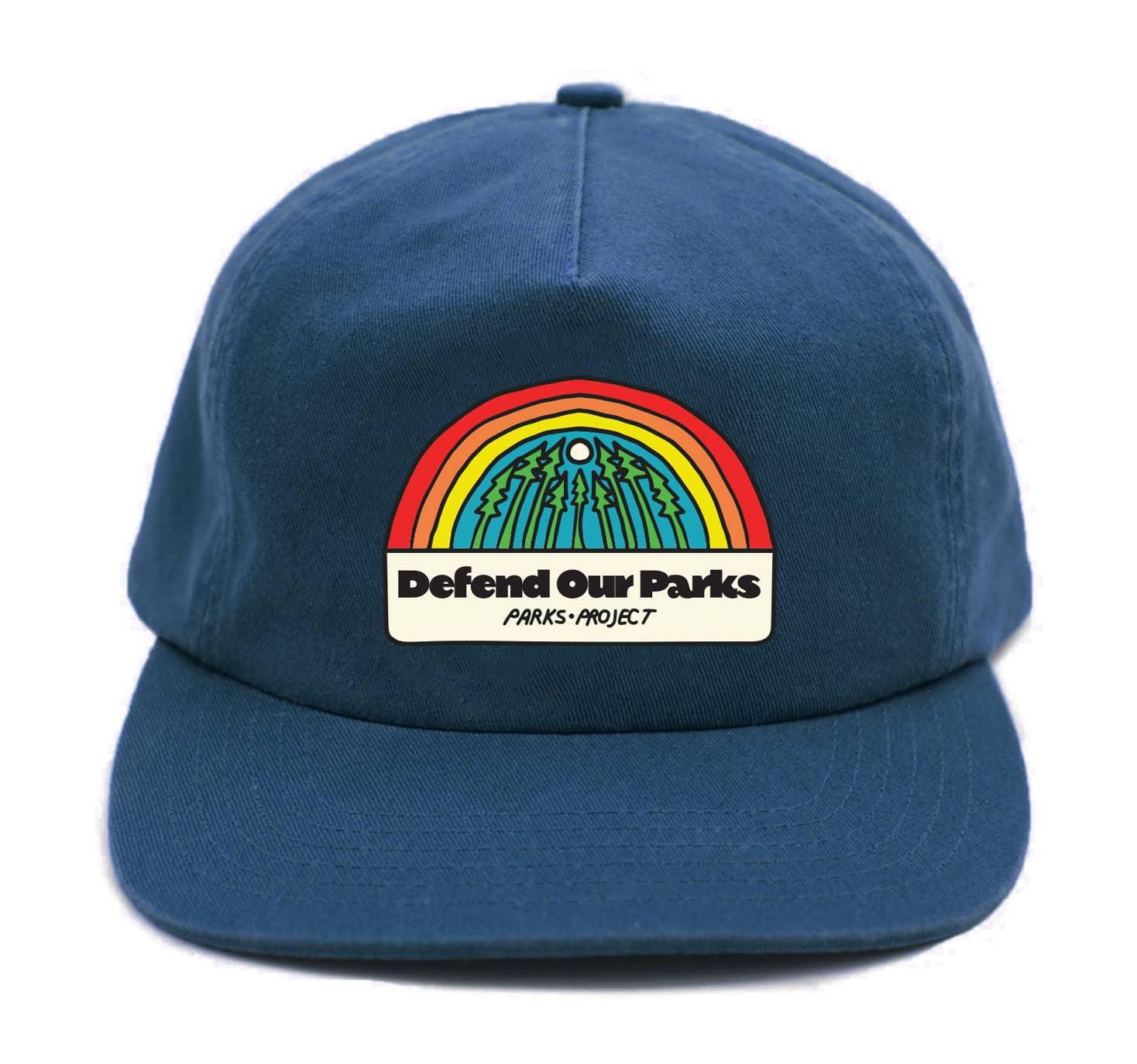 Blue baseball hat with rainbow and trees that reads Defend Our Parks by Parks Project