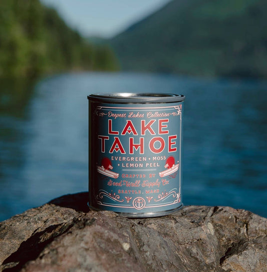 Lake Tahoe candle in recycled tin by Good + Well Supply Co