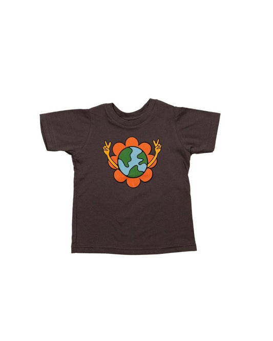 Toddler Tee in Charcoal color with earth in flower with peace sign hands by Keep Nature Wild