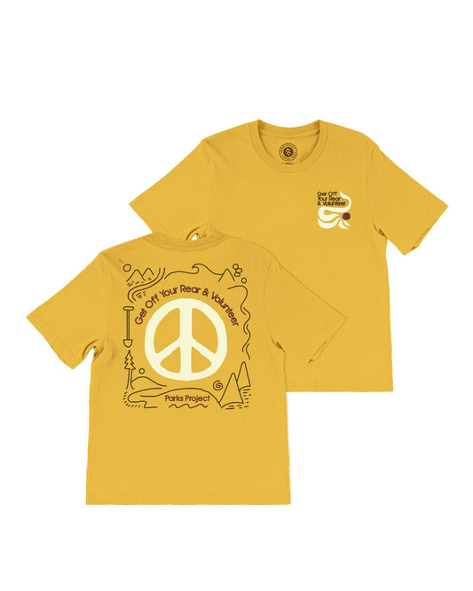 Mustard color boxy tee get off your rear and volunteer by Parks Project