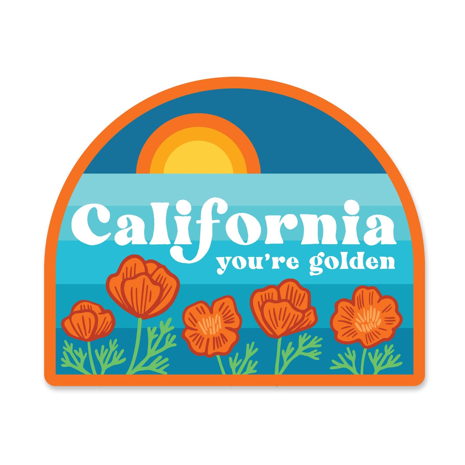 California you're golden sticker with ocean sunset and poppies