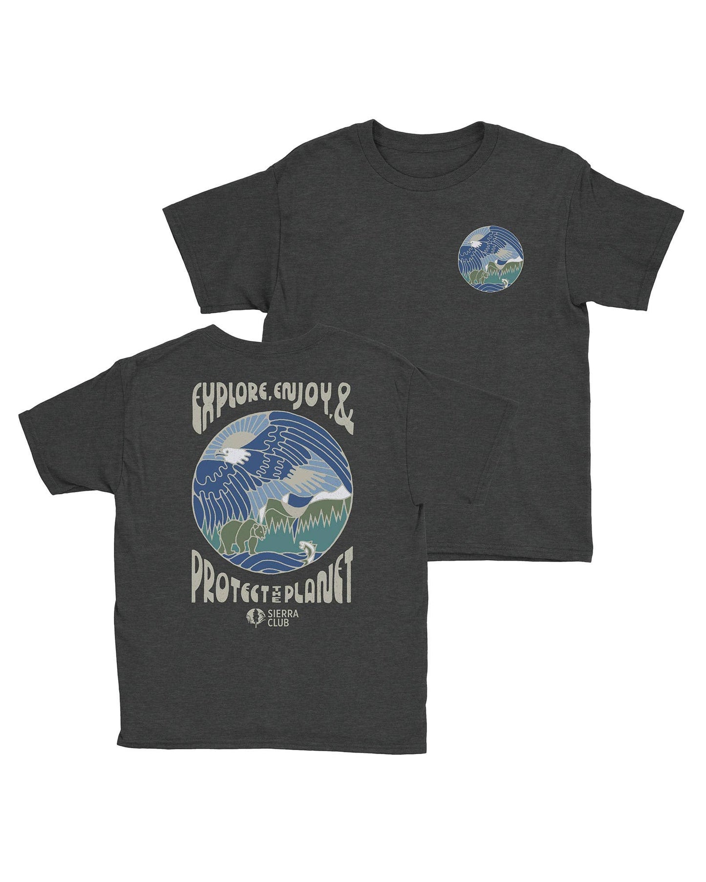 Sierra Club Dark Gray Youth Tee shirt with words Explore, Enjoy and Protect the Planet