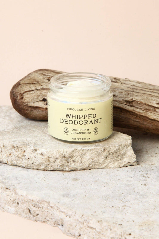 Whipped Deodorant in Juniper and cedarwood scent and glass jar made by Circular Living