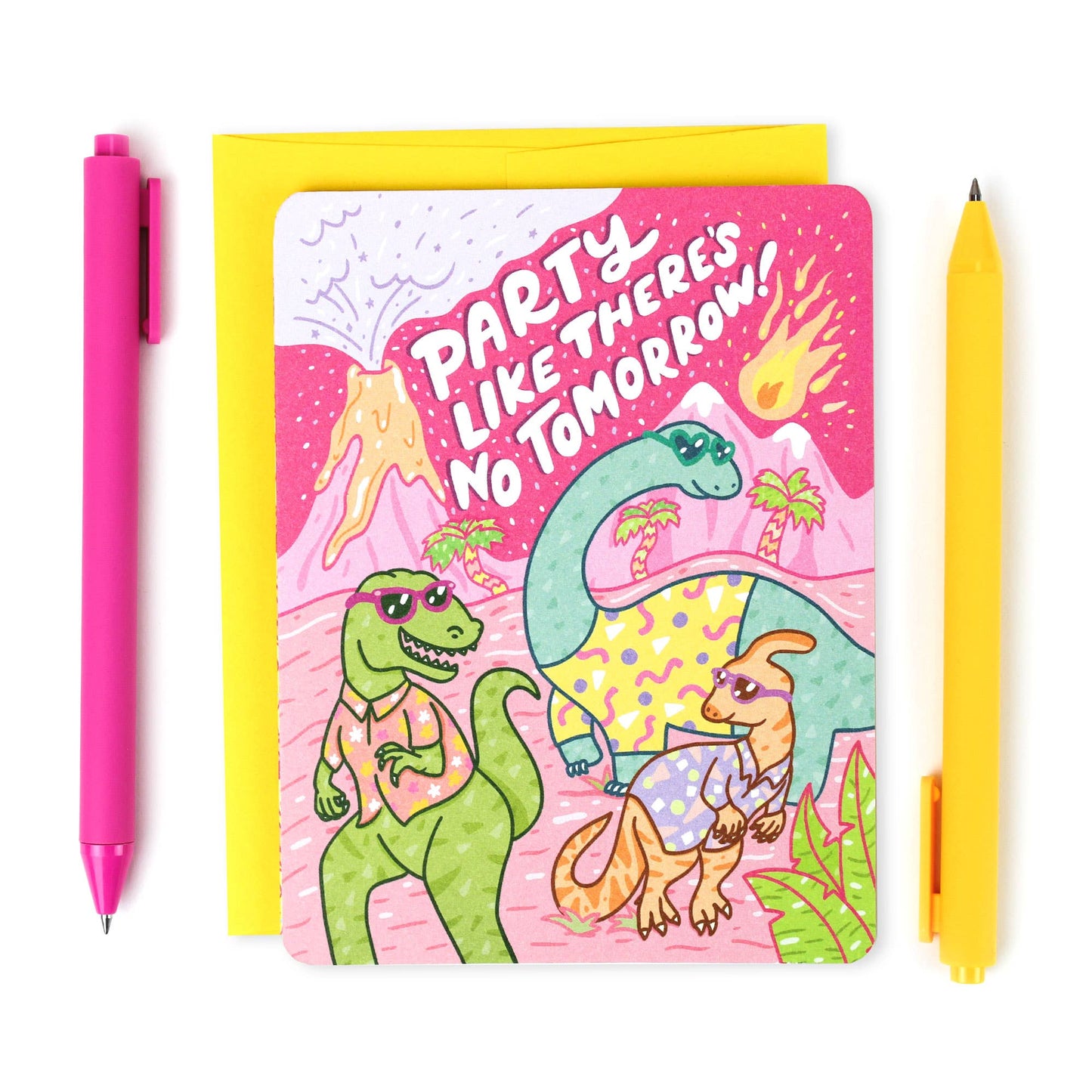 Dinosaur Party like there's no tomorrow birthday card with yellow envelope by Turtle's Soup