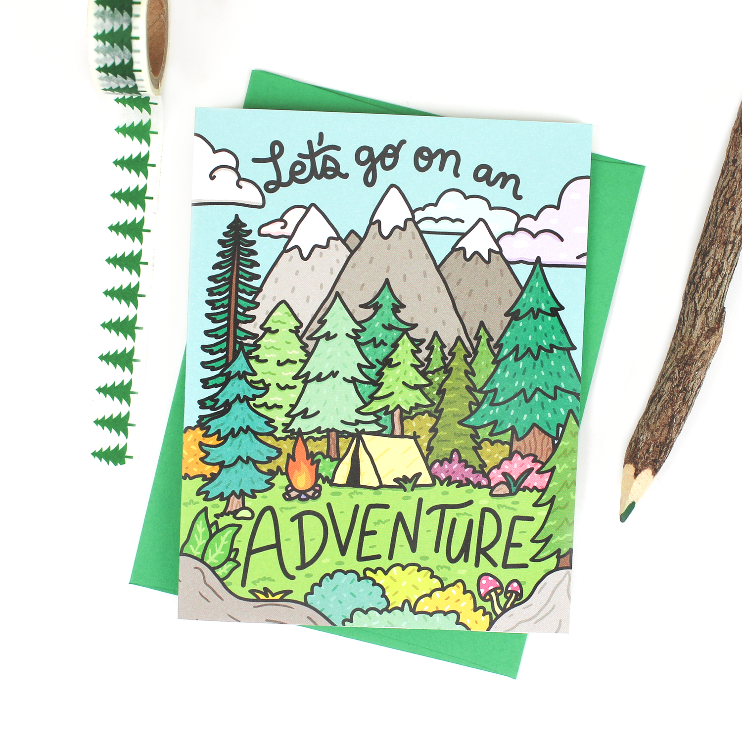 Let's go on an adventure mountain camping card with green envelope by Turtle's Soup