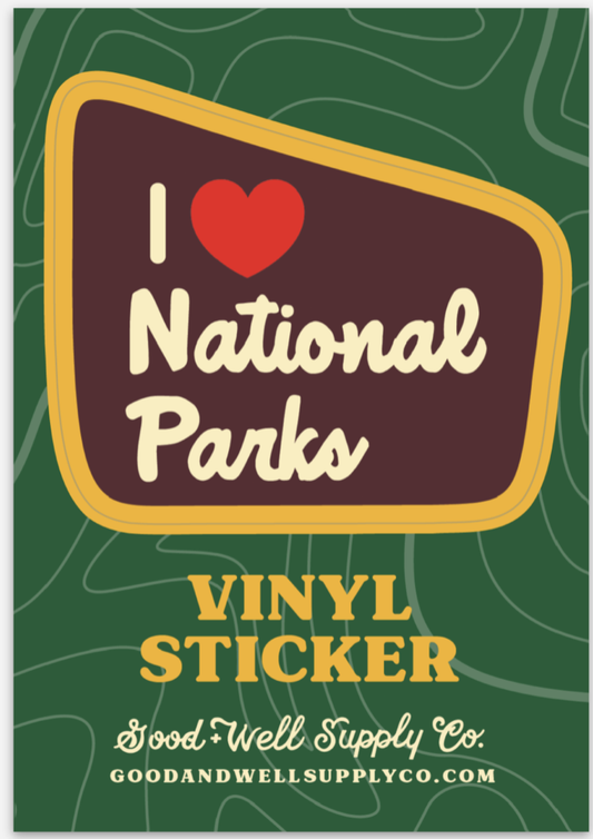 I Heart National Parks vinyl sticker in brown and yellow by Good + Well Supply Co