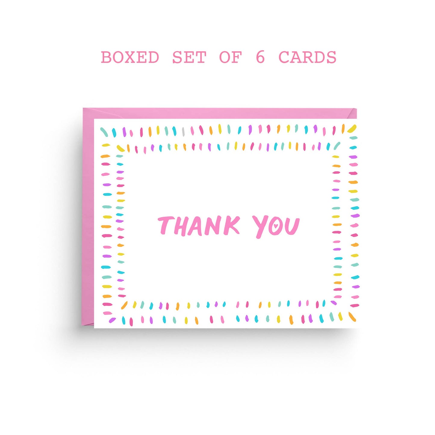Rainbow Confetti Thank You card box set watercolor stationery with pink envelopes by Nicole Marie Paperie
