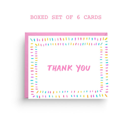 Rainbow Confetti Thank You card box set watercolor stationery with pink envelopes by Nicole Marie Paperie
