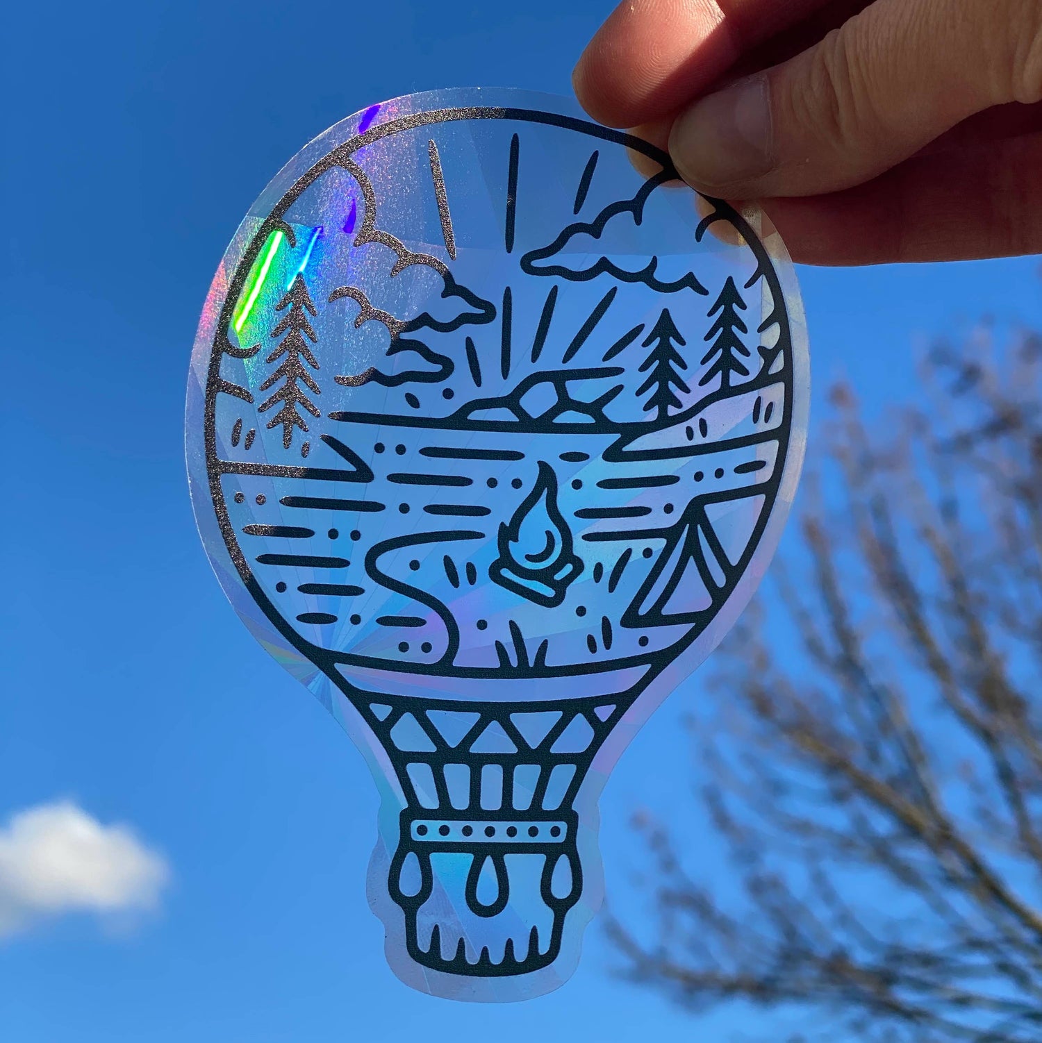 Hot Air Balloon shaped Suncatcher with mountain lake camping scene design by Good + Well Supply Co