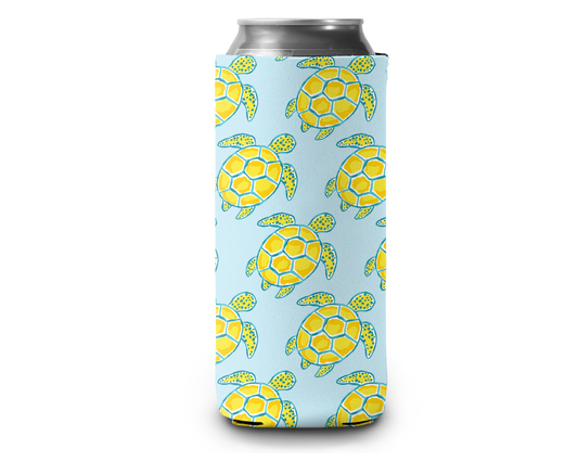 Slim Can Cooler by Skumps with sea turtles and light blue background