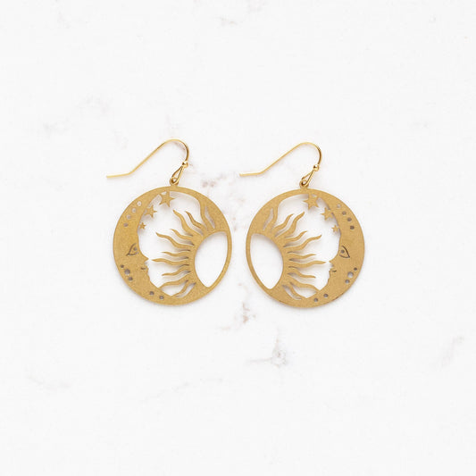 Sun and moon brass earrings by Stitch + Stone
