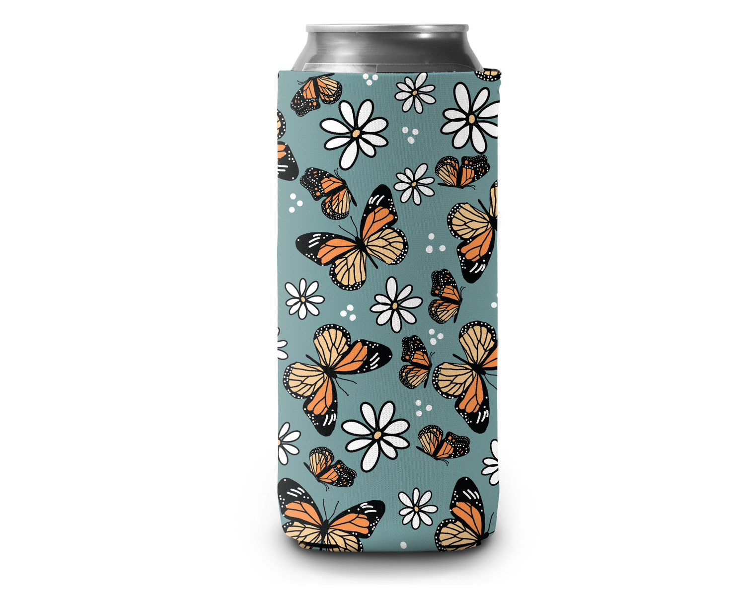 Slim Can Cooler by Skumps with butterflies and daisies with blue background