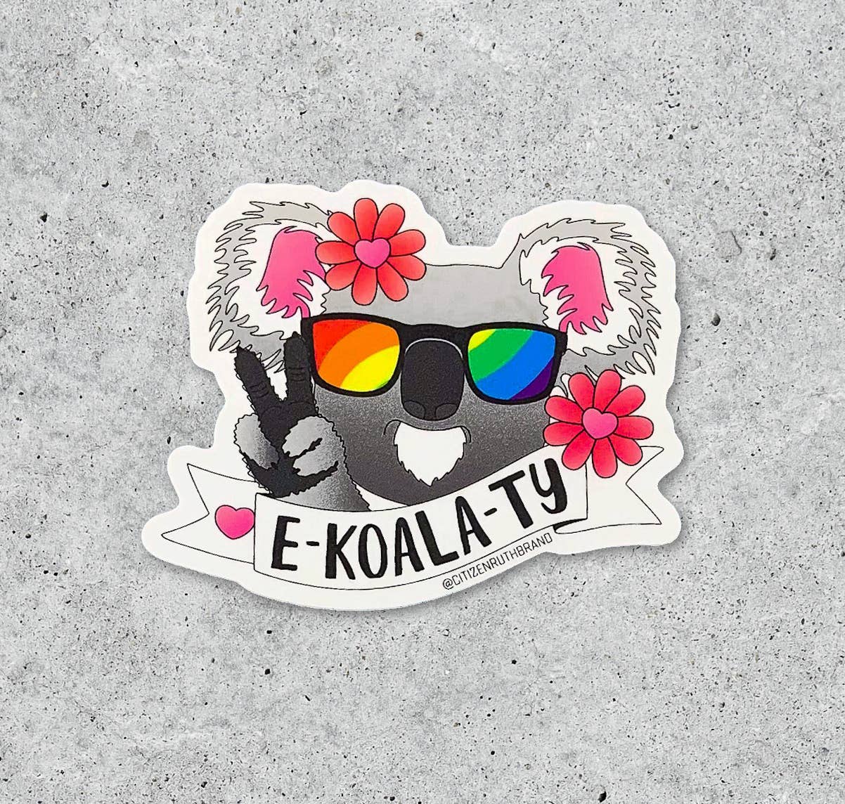 Koala bear sticker with rainbow sunglasses and making peace sign that reads E - Koala - Ty by Citizen Ruth