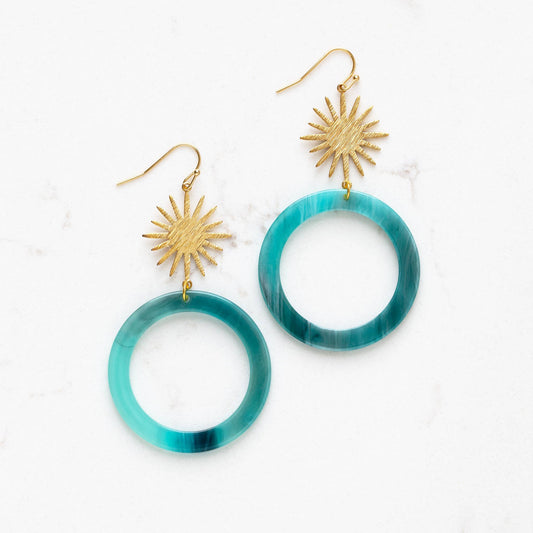 Sunburst brass earrings with Aqua Rings by Stitch + Stone