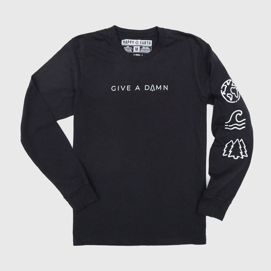 Black long sleeve shirt with Give a Damn on front and nature icons on sleeve by Happy Earth