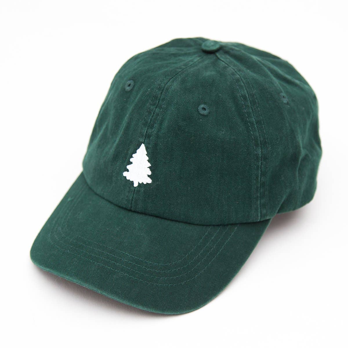 Dark green hat with white fir pine on front by Happy Earth