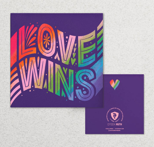 Love Wins rainbow text card with purple background by Citizen Ruth
