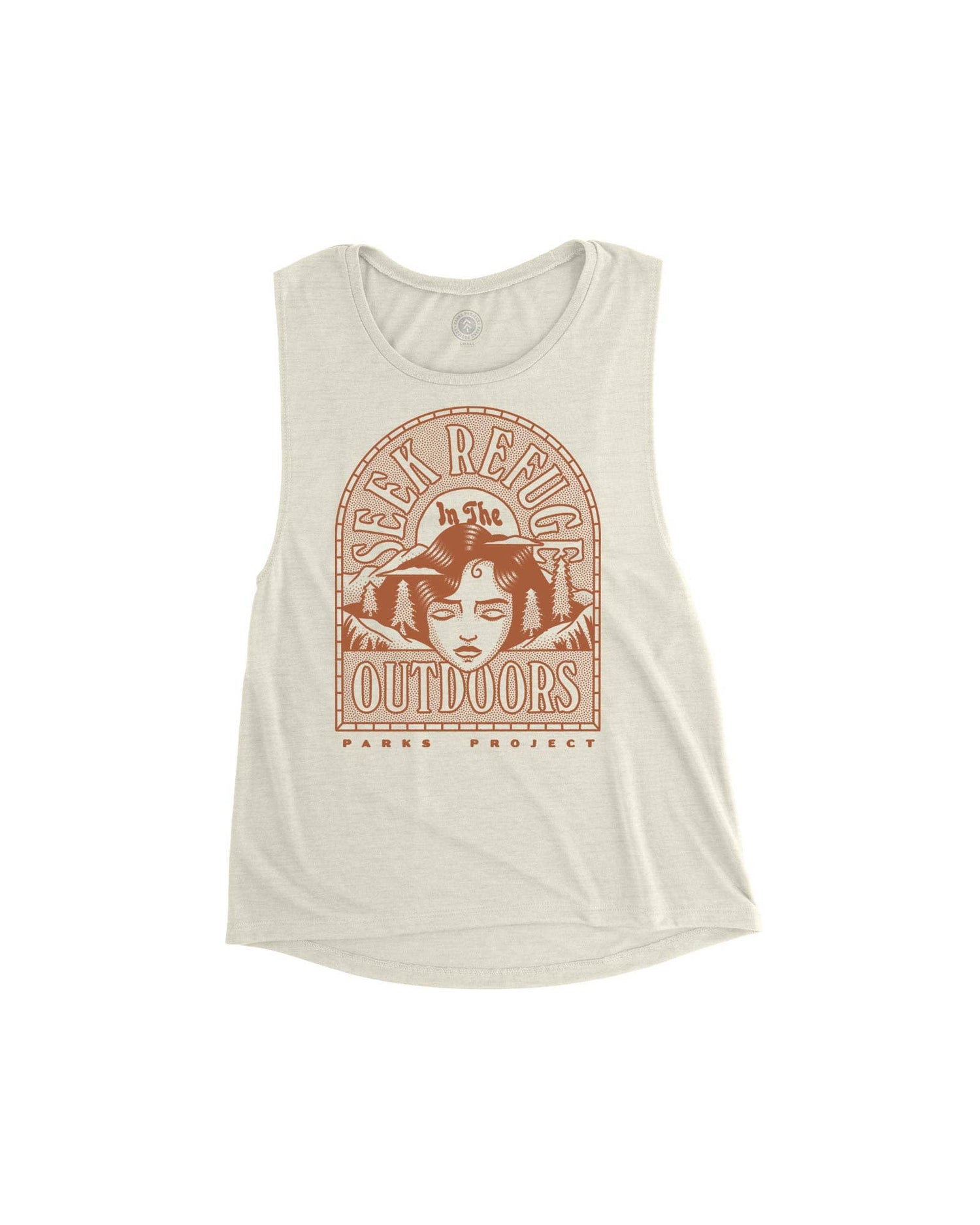 White tank top with Seek Refuge in the Outdoors design by Parks Project