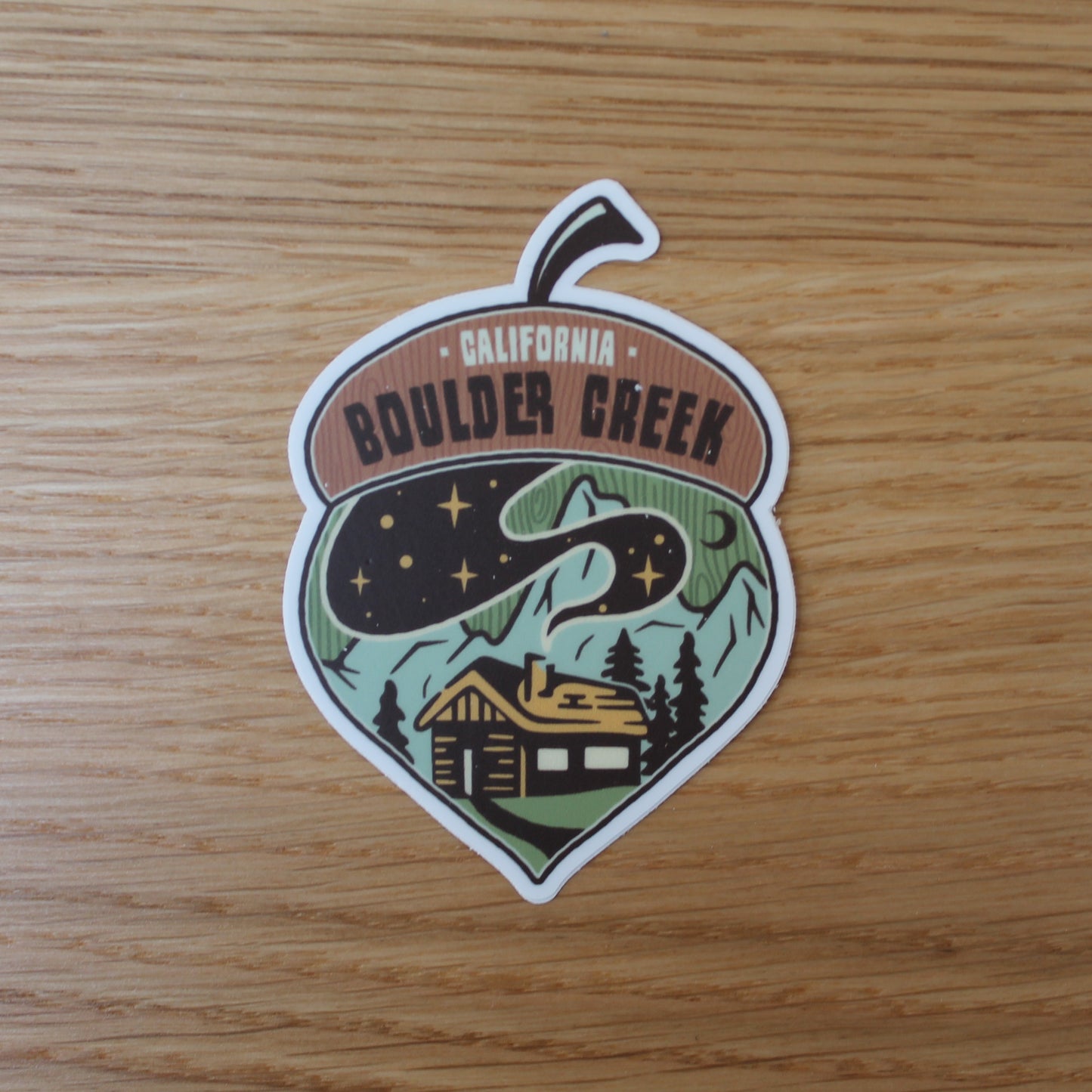 Boulder Creek acorn cabin sticker