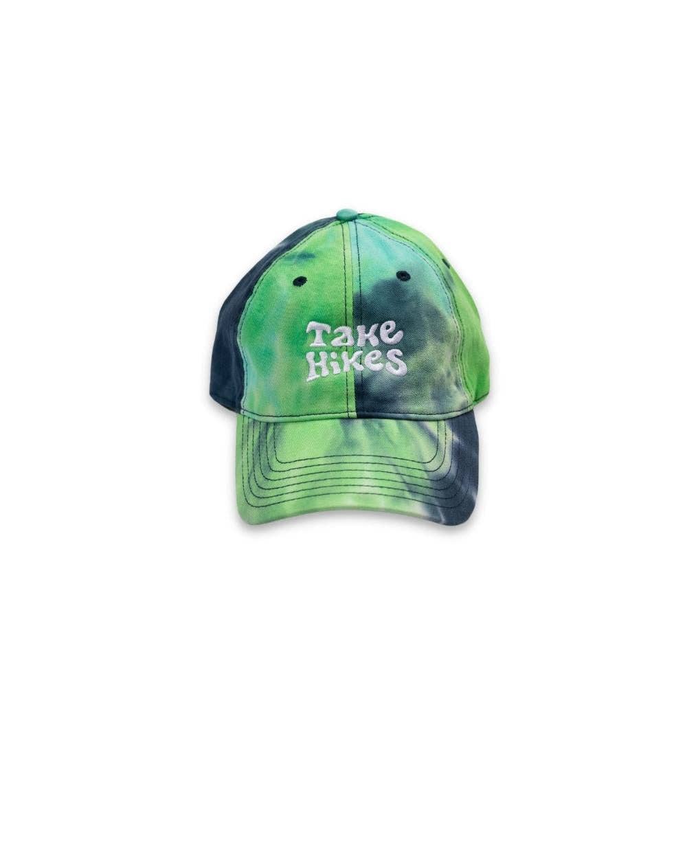 Ocean colored tie dye dad hat that reads Take Hikes